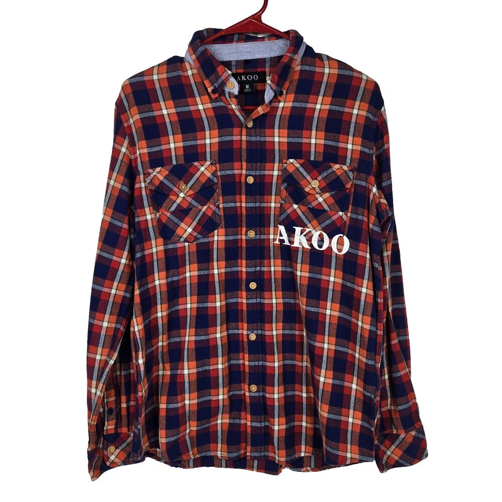 AKOO Men's Size Medium Red Orange Blue Plaid‎ Long Sleeve Button Up Shirt